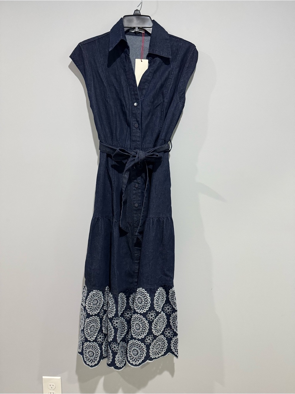 NWT Navy Sleeveless Button-Front Midi Dress with Embroidered Hem
